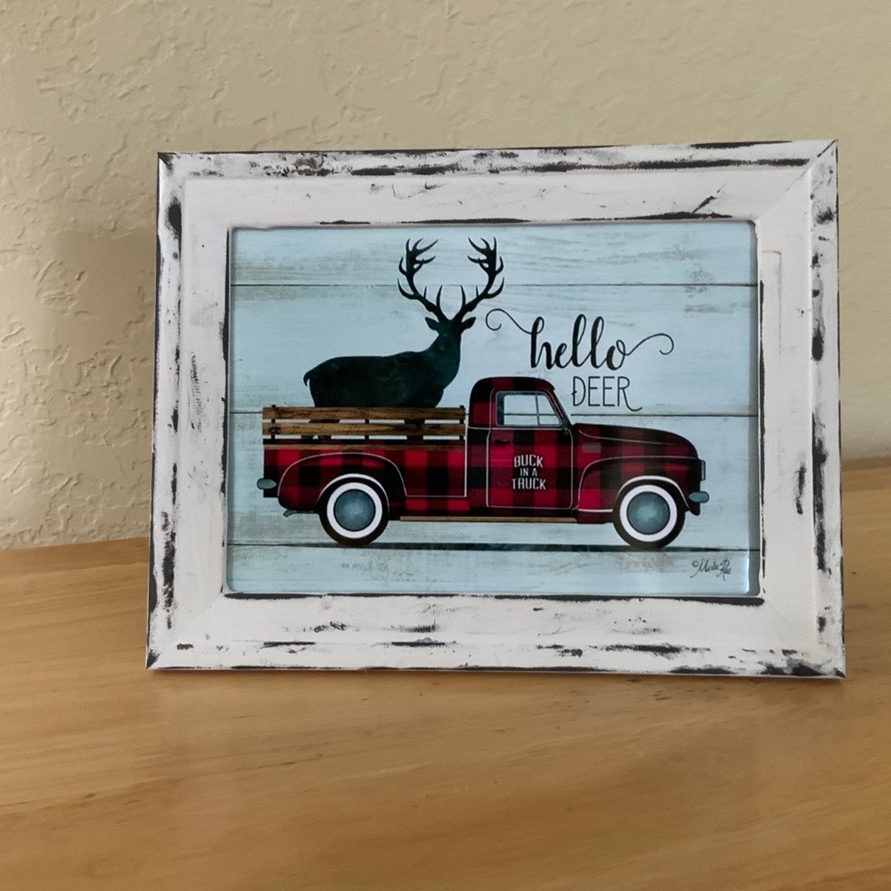 Farmhouse Red buffalo truck and deer picture 5x7 w/frame